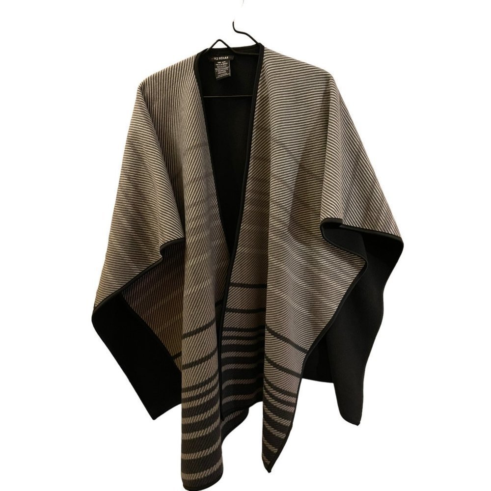 Ike BEHAR Gray Black Striped Poncho Open Front Shawl Sweater Cape Women One Size